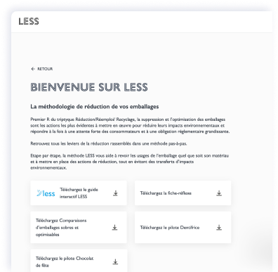 Interface LESS prÃ©sentant la mÃ©thodologie de rÃ©duction des emballages avec options de tÃ©lÃ©chargement de guides et fiches pratiques