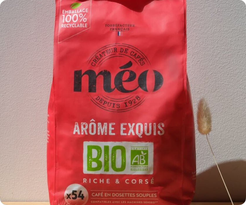 Sachet de cafÃ© MÃ©o ArÃ´me Exquis bio avec emballage 100 % recyclable en mono-PE