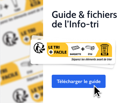 Illustration du guide Info-tri avec consignes de tri et bouton pour tÃ©lÃ©charger les fichiers graphiques.