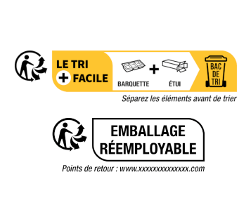 Illustration des consignes Info-tri et Info-rÃ©emploi avec pictogrammes pour sÃ©parer les Ã©lÃ©ments avant tri et mention dâemballage rÃ©employable