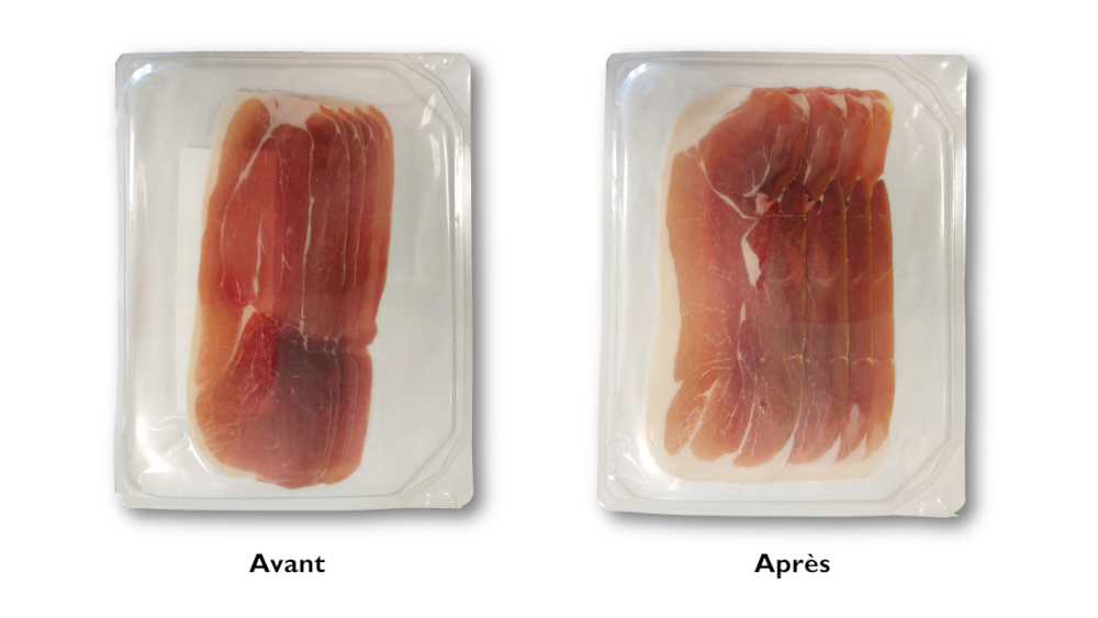 Comparaison de deux emballages de tranches de jambon avant et aprÃ¨s suppression du suremballage