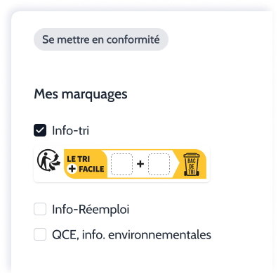 Interface Easy Info-tri affichant les options de marquage obligatoires comme Info-tri, Info-rÃ©emploi et informations environnementales